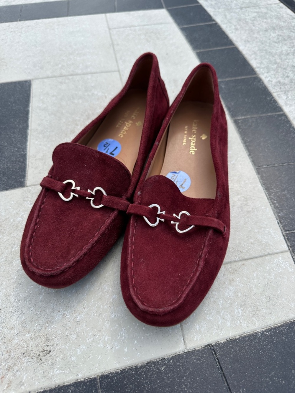 kate spade Burgundy Suede Loafers with Silver Heart Bit